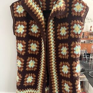 Handmade granny square and Crochet Vest in Brown Cream and Blue